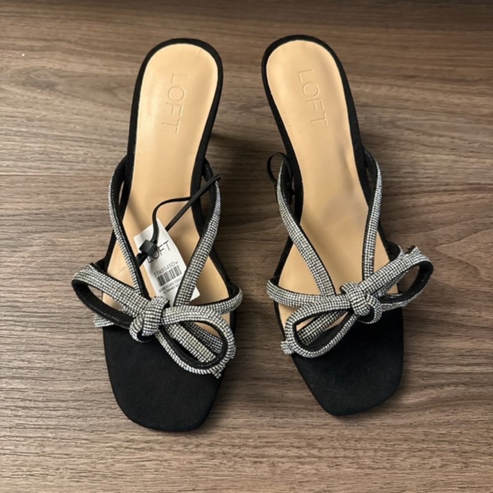 NEW LOFT Black Rhinestone Bow Slide Mules size 8